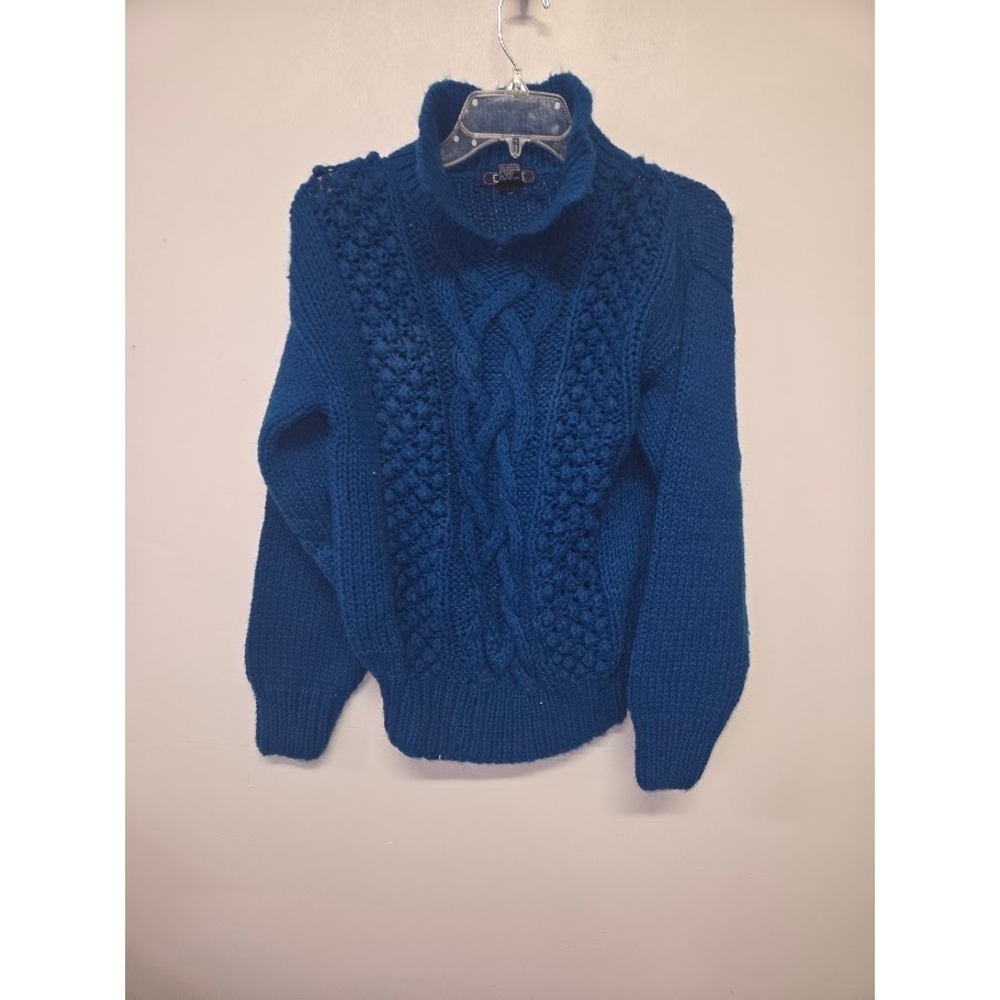 OHI Vintage Teal Blue Chunky Cable Knit Mock Neck Wool Blend Sweater Womens M